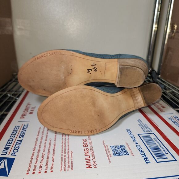 Franco Sarto Sandals Womens 8 Bohemian Blue Leather Peep Toe Heels - GOOD - Picture 10 of 11